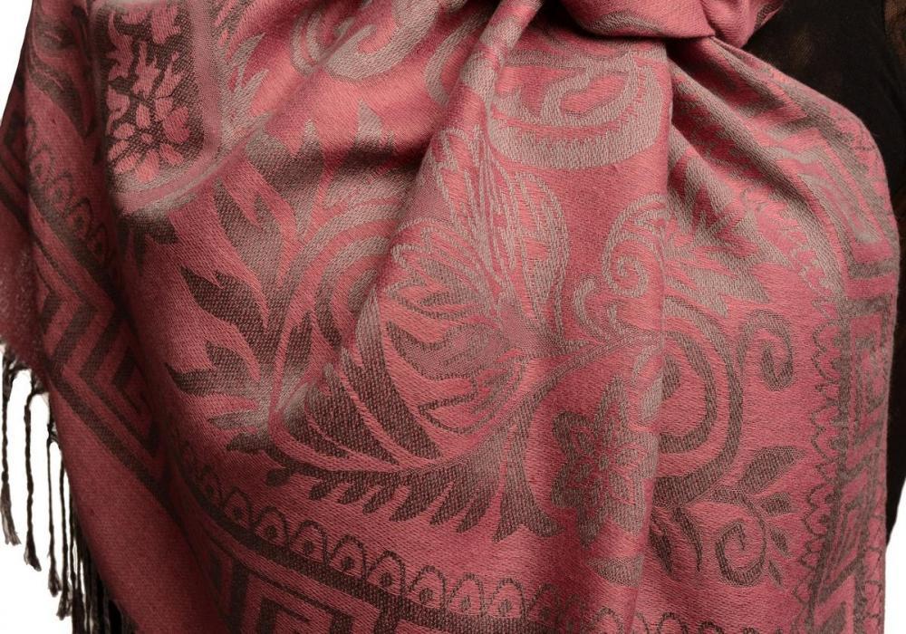 Liss Kiss Meander & Paisleys On Puce Pink Pashmina Feel With Tassels - Scarf