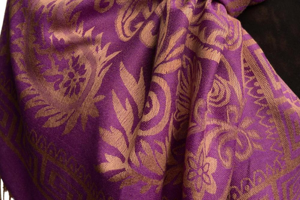 Liss Kiss Meander & Paisleys On Purple Pashmina Feel With Tassels - Scarf