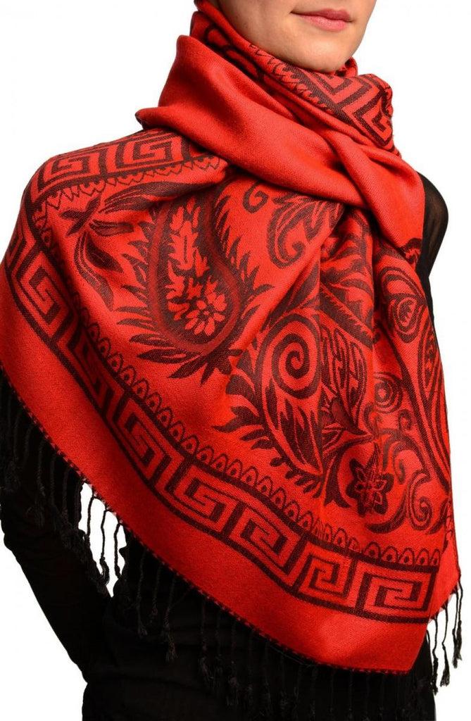 Liss Kiss Meander & Paisleys On Red Pashmina Feel With Tassels - Scarf