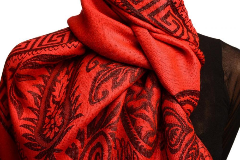 Liss Kiss Meander & Paisleys On Red Pashmina Feel With Tassels - Scarf
