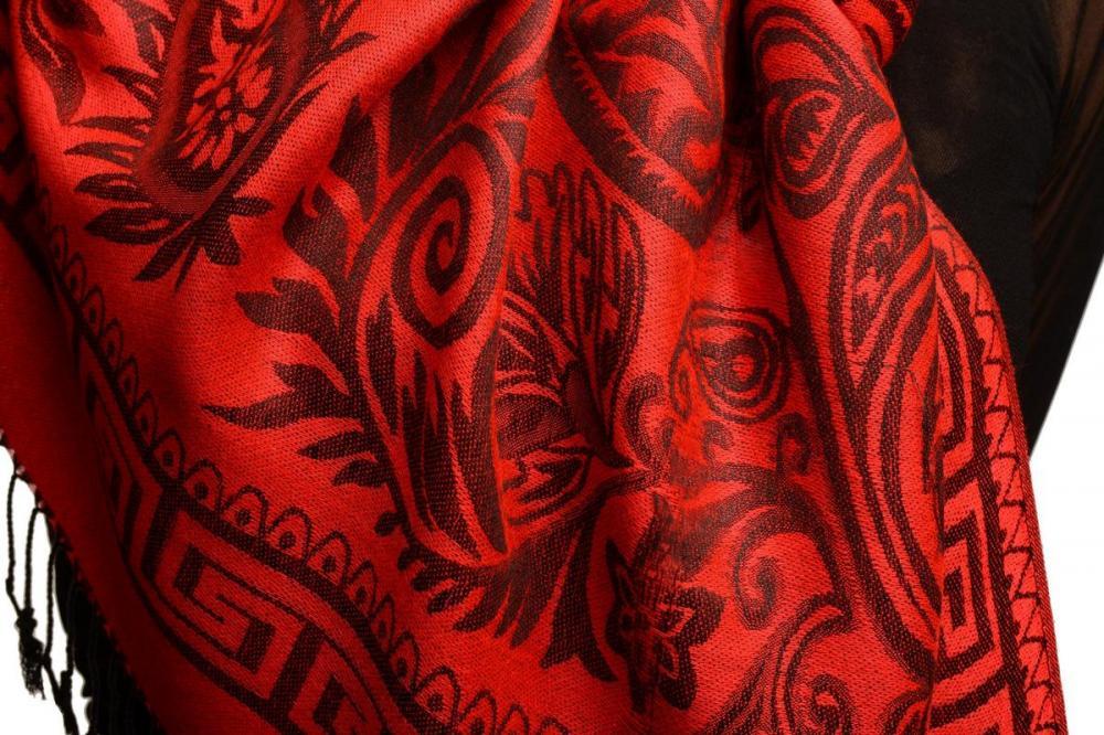 Liss Kiss Meander & Paisleys On Red Pashmina Feel With Tassels - Scarf