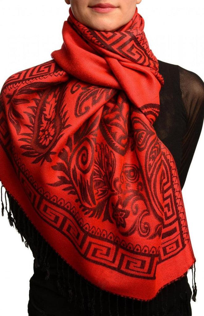 liss kiss Meander & Paisleys On Red Pashmina Feel With Tassels - Scarf