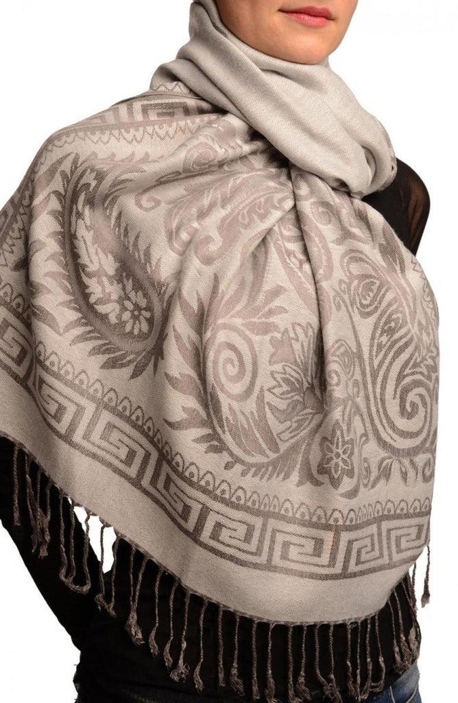 Liss Kiss Meander & Paisleys On Silver Grey Pashmina Feel With Tassels - Scarf