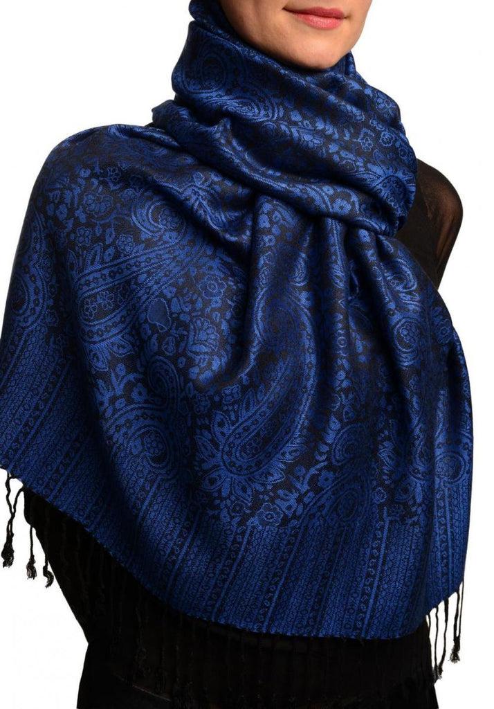 Liss Kiss Medium Blue & Black Paisleys Pashmina Feel With Tassels - Scarf