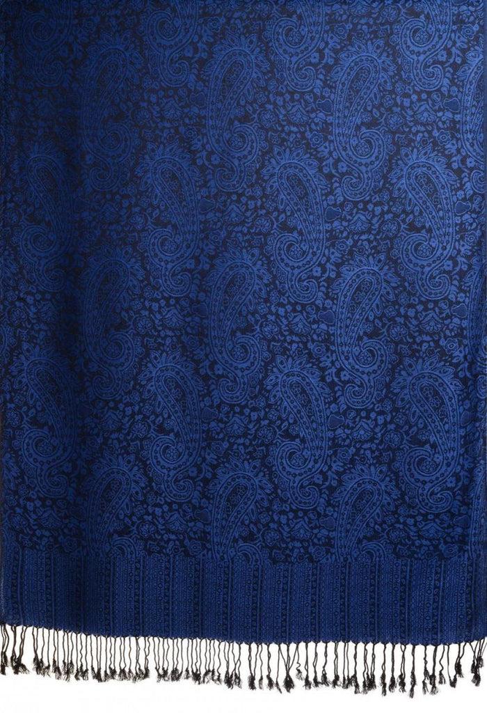 Liss Kiss Medium Blue & Black Paisleys Pashmina Feel With Tassels - Scarf