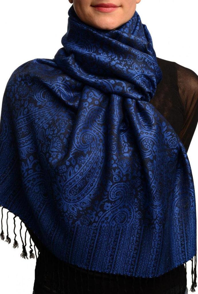 liss kiss Medium Blue & Black Paisleys Pashmina Feel With Tassels - Scarf