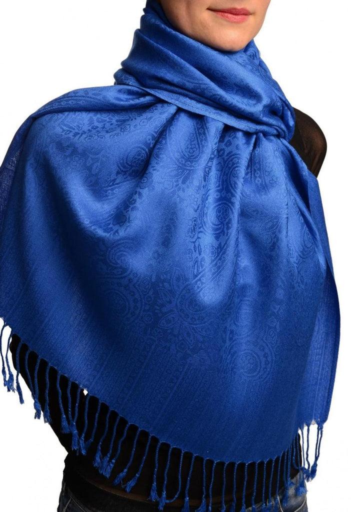 Liss Kiss Medium Blue Paisleys Pashmina Feel With Tassels - Scarf