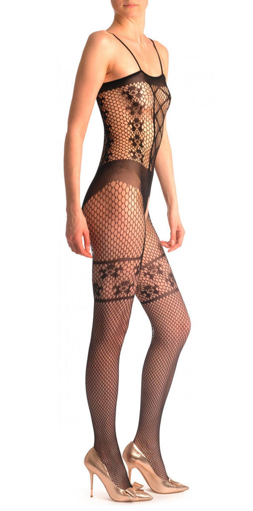Liss Kiss Medium Fishnet With Straps & Faux Suspenders & Corset Lace - Bodystocking