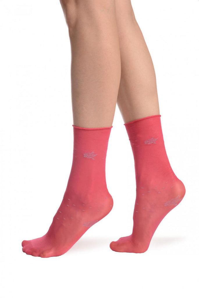 Liss Kiss Melon Pink With Roses & Roll Down Top 20 Den Socks Ankle High - Socks