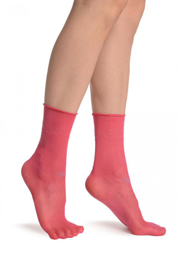 liss kiss Melon Pink With Roses & Roll Down Top 20 Den Socks Ankle High - Socks