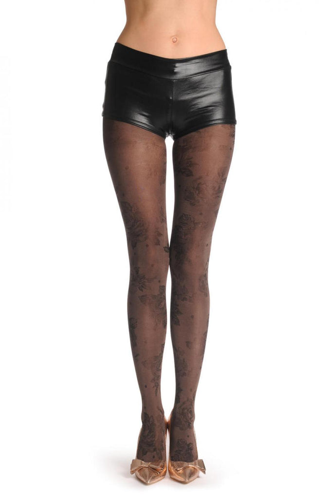 liss kiss Metallic Brown With Black Woven Roses 60 Den - Tights