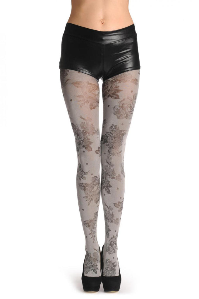 Liss Kiss Metallic Silver With Black Woven Roses 60 Den - Tights