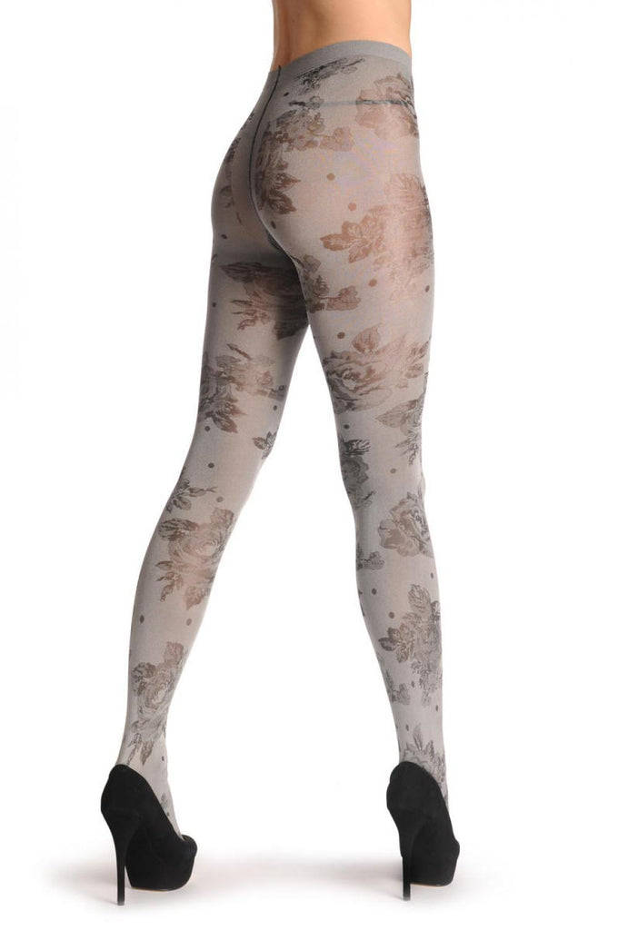 Liss Kiss Metallic Silver With Black Woven Roses 60 Den - Tights