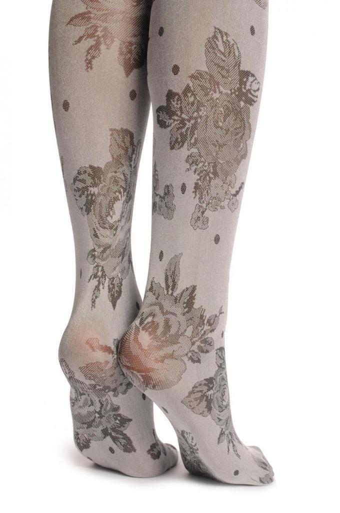 Liss Kiss Metallic Silver With Black Woven Roses 60 Den - Tights