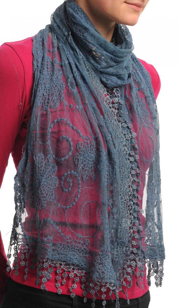 Liss Kiss Midnight Blue Vintage Lace With Flowers - Scarf