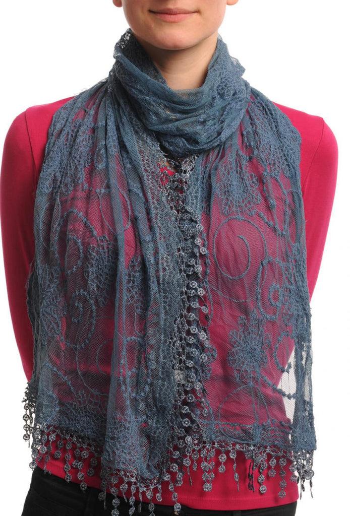 liss kiss Midnight Blue Vintage Lace With Flowers - Scarf