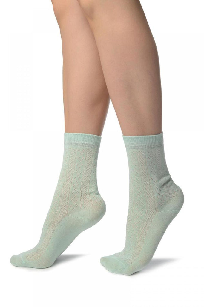 Liss Kiss Mint Green With Crocheted Stripes Ankle High Socks - Socks