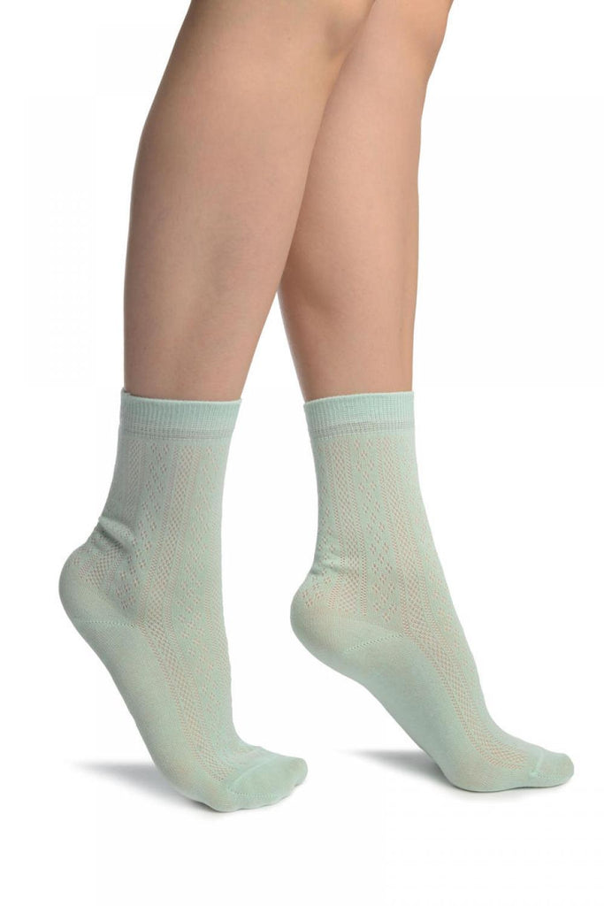 liss kiss Mint Green With Crocheted Stripes Ankle High Socks - Socks