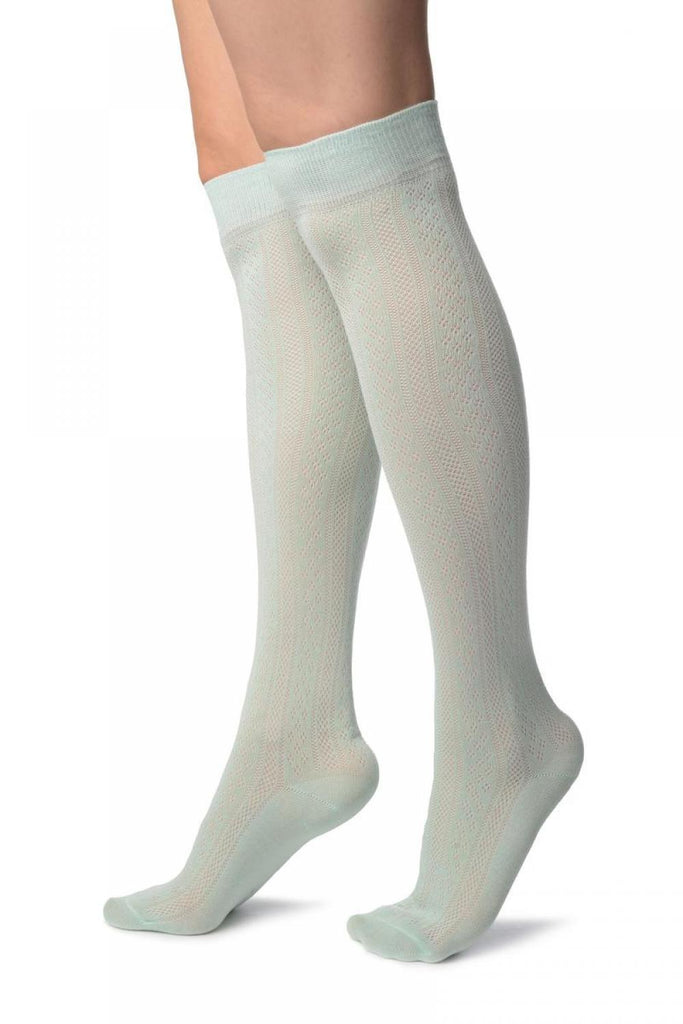 Liss Kiss Mint Green With Crocheted Stripes Knee High Socks - Socks