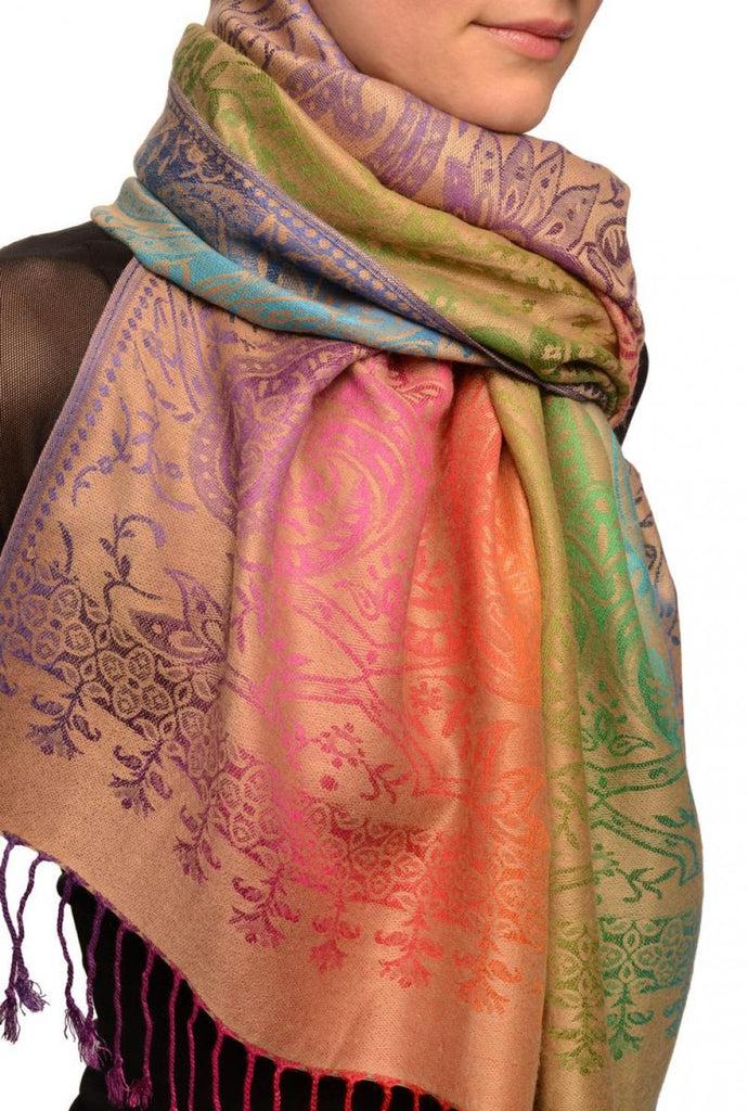 Liss Kiss Mirrored Ombre Paisleys On Beige Pashmina With Tassels - Scarf