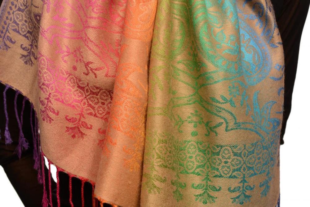 Liss Kiss Mirrored Ombre Paisleys On Beige Pashmina With Tassels - Scarf