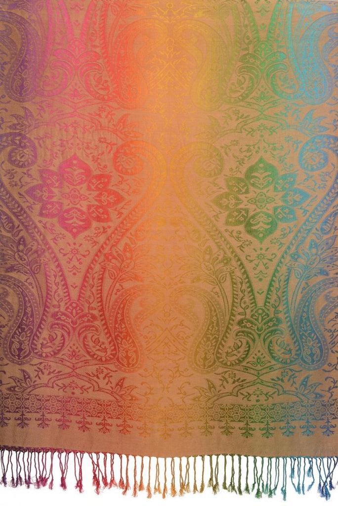 Liss Kiss Mirrored Ombre Paisleys On Beige Pashmina With Tassels - Scarf
