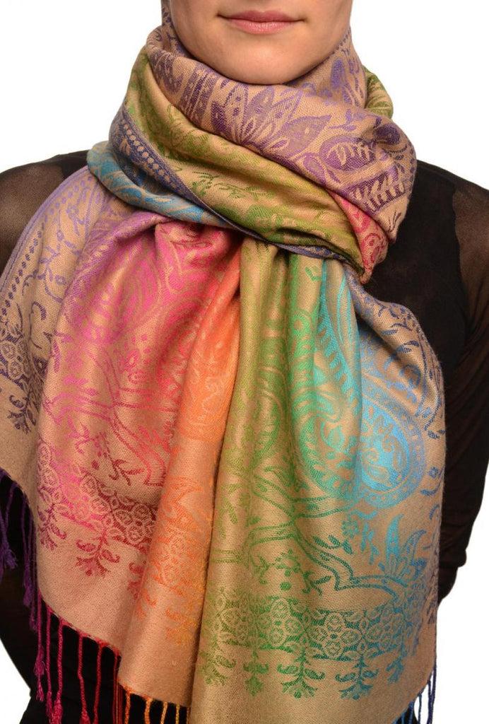 liss kiss Mirrored Ombre Paisleys On Beige Pashmina With Tassels - Scarf