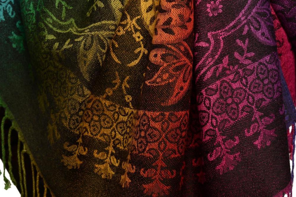 Liss Kiss Mirrored Ombre Paisleys On Black Pashmina With Tassels - Scarf