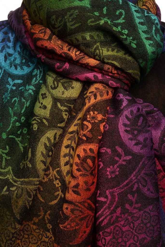 Liss Kiss Mirrored Ombre Paisleys On Black Pashmina With Tassels - Scarf