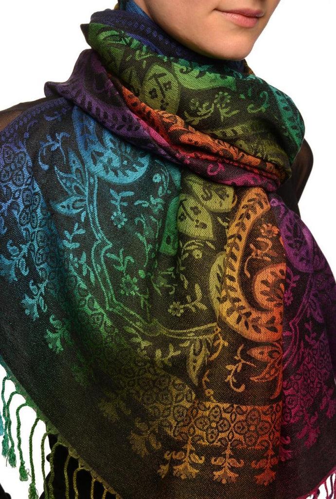 Liss Kiss Mirrored Ombre Paisleys On Black Pashmina With Tassels - Scarf