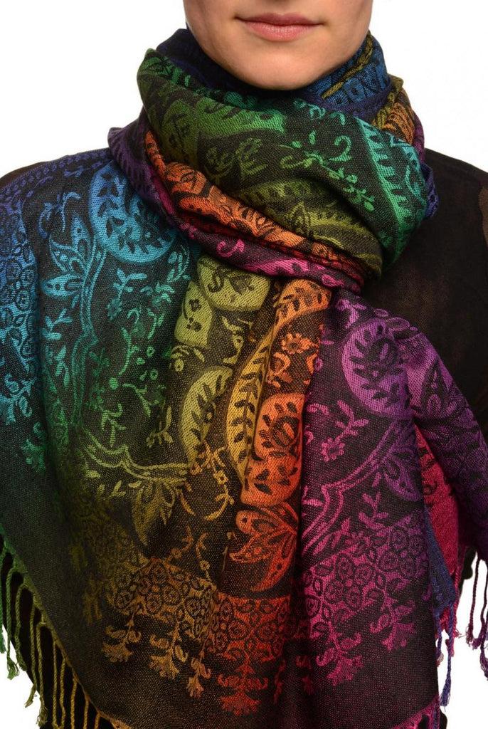 liss kiss Mirrored Ombre Paisleys On Black Pashmina With Tassels - Scarf