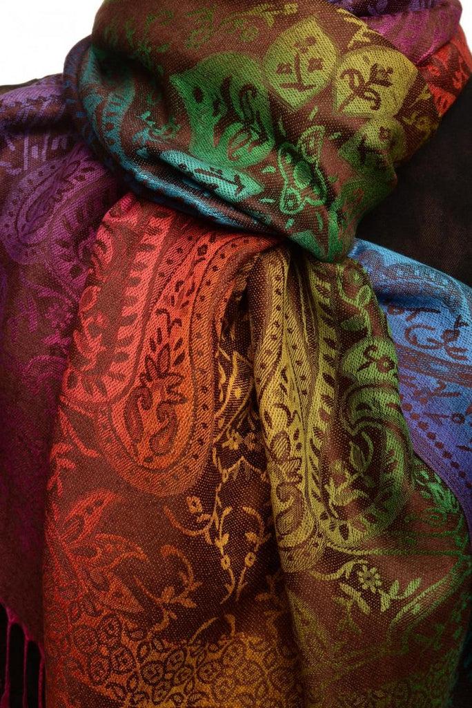 Liss Kiss Mirrored Ombre Paisleys On Brown Pashmina With Tassels - Scarf