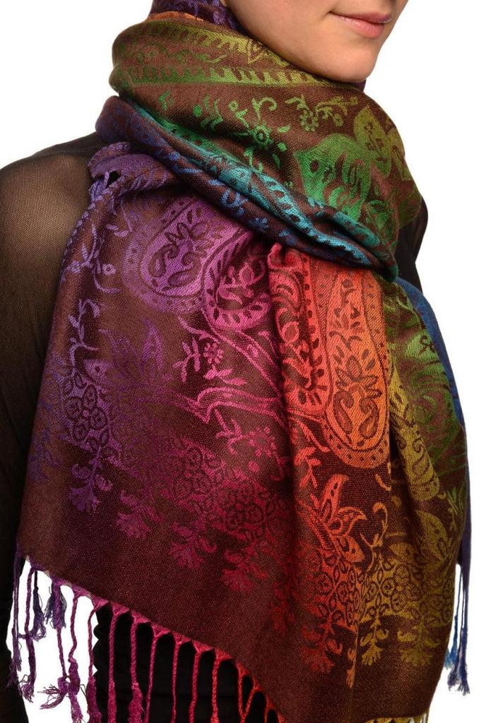 Liss Kiss Mirrored Ombre Paisleys On Brown Pashmina With Tassels - Scarf