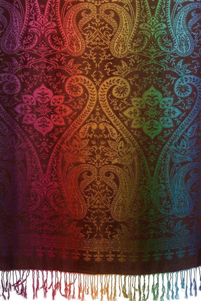 Liss Kiss Mirrored Ombre Paisleys On Brown Pashmina With Tassels - Scarf