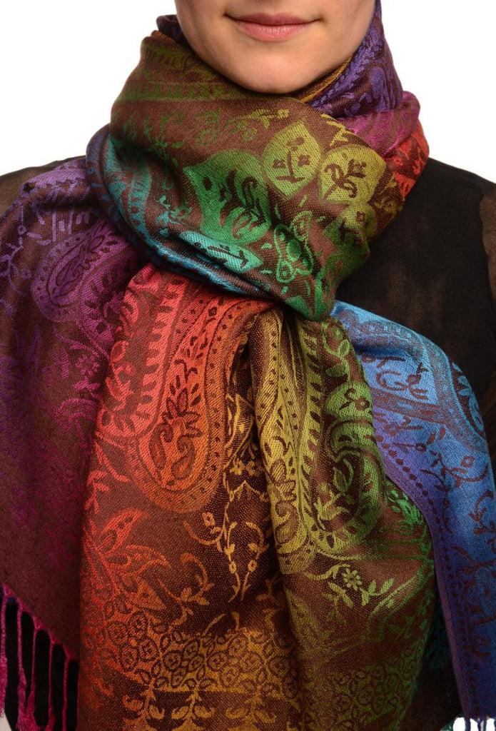 liss kiss Mirrored Ombre Paisleys On Brown Pashmina With Tassels - Scarf