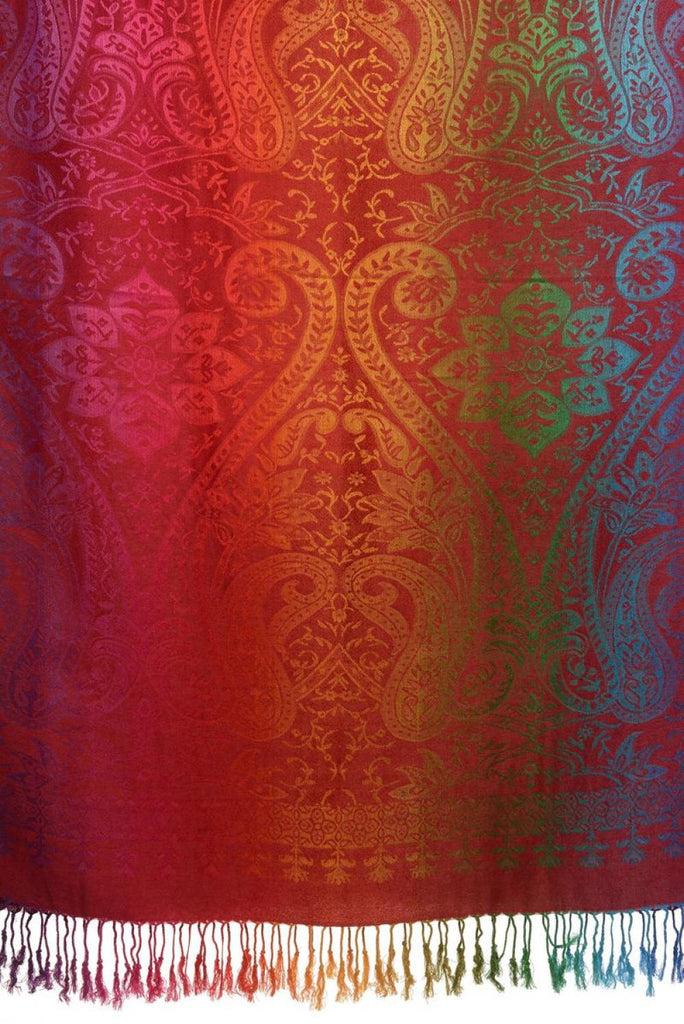 Liss Kiss Mirrored Ombre Paisleys On Burgundy Pashmina With Tassels - Scarf