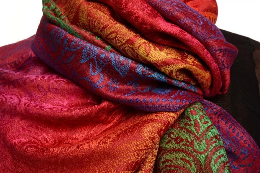 Liss Kiss Mirrored Ombre Paisleys On Burgundy Pashmina With Tassels - Scarf