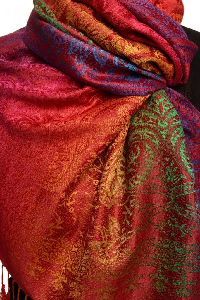 Liss Kiss Mirrored Ombre Paisleys On Burgundy Pashmina With Tassels - Scarf