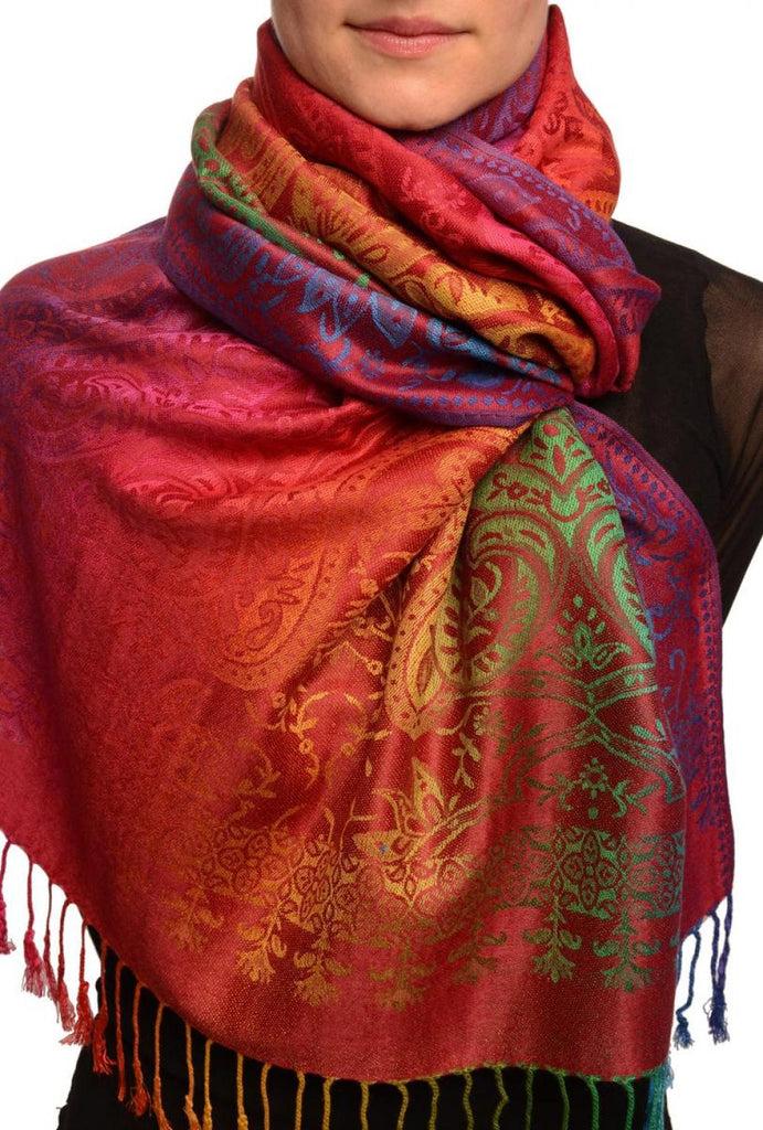 liss kiss Mirrored Ombre Paisleys On Burgundy Pashmina With Tassels - Scarf
