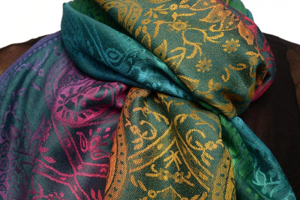 Liss Kiss Mirrored Ombre Paisleys On Cerulean Blue Pashmina With Tassels - Scarf