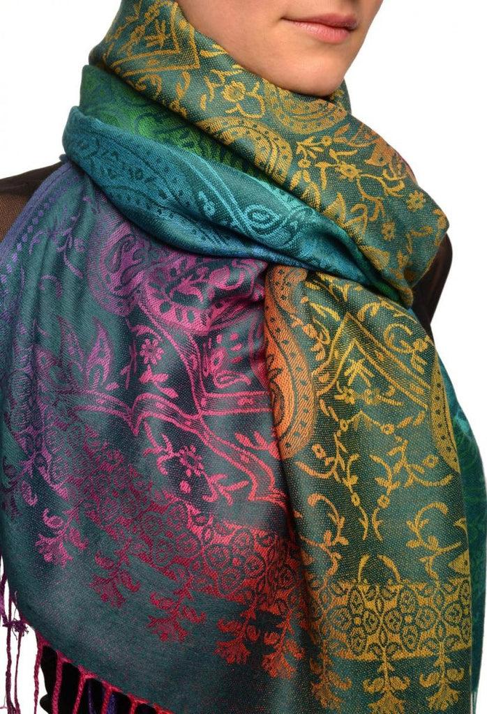 Liss Kiss Mirrored Ombre Paisleys On Cerulean Blue Pashmina With Tassels - Scarf