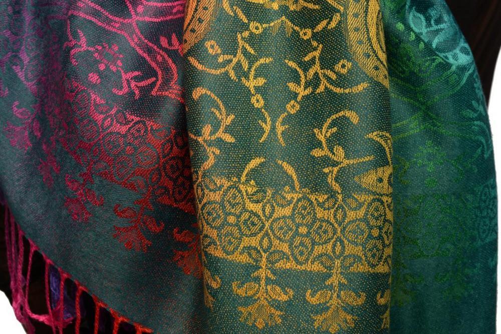 Liss Kiss Mirrored Ombre Paisleys On Cerulean Blue Pashmina With Tassels - Scarf