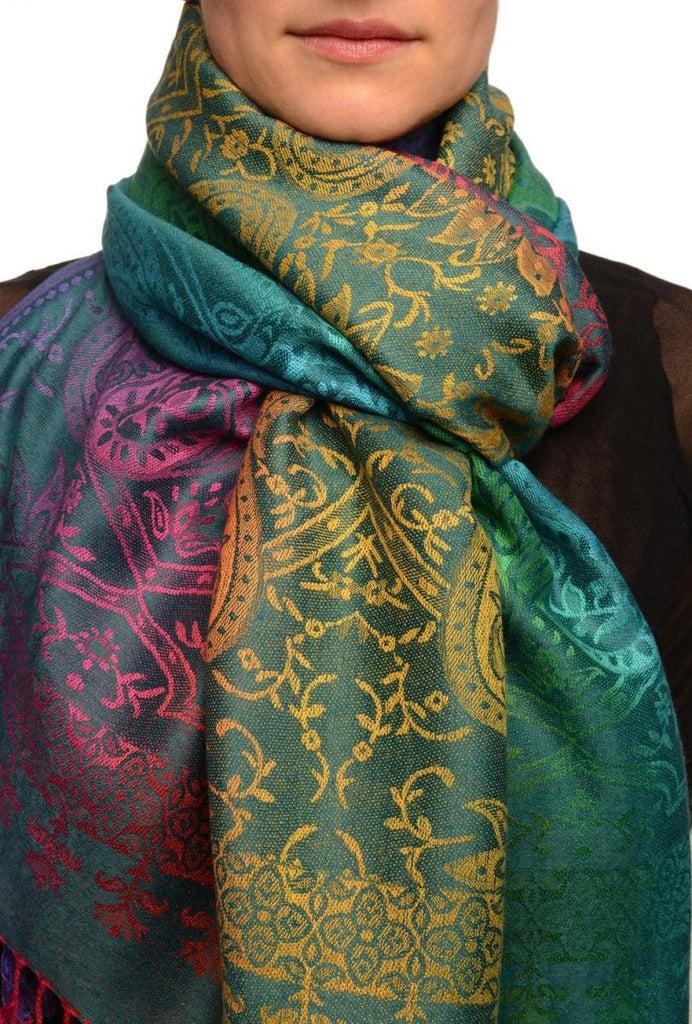 liss kiss Mirrored Ombre Paisleys On Cerulean Blue Pashmina With Tassels - Scarf