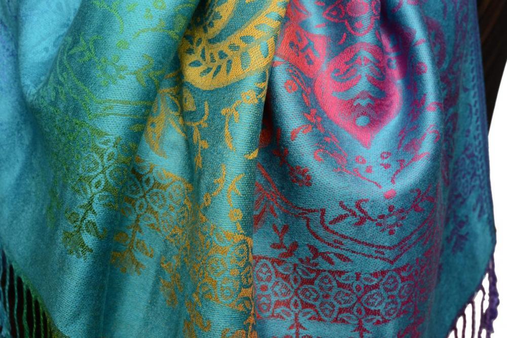 Liss Kiss Mirrored Ombre Paisleys On Dodger Blue Pashmina With Tassels - Scarf