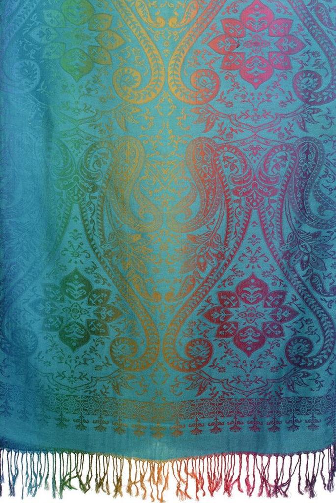 Liss Kiss Mirrored Ombre Paisleys On Dodger Blue Pashmina With Tassels - Scarf