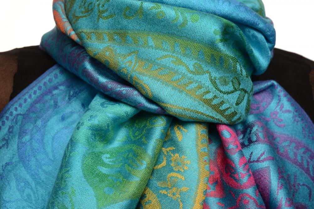 Liss Kiss Mirrored Ombre Paisleys On Dodger Blue Pashmina With Tassels - Scarf