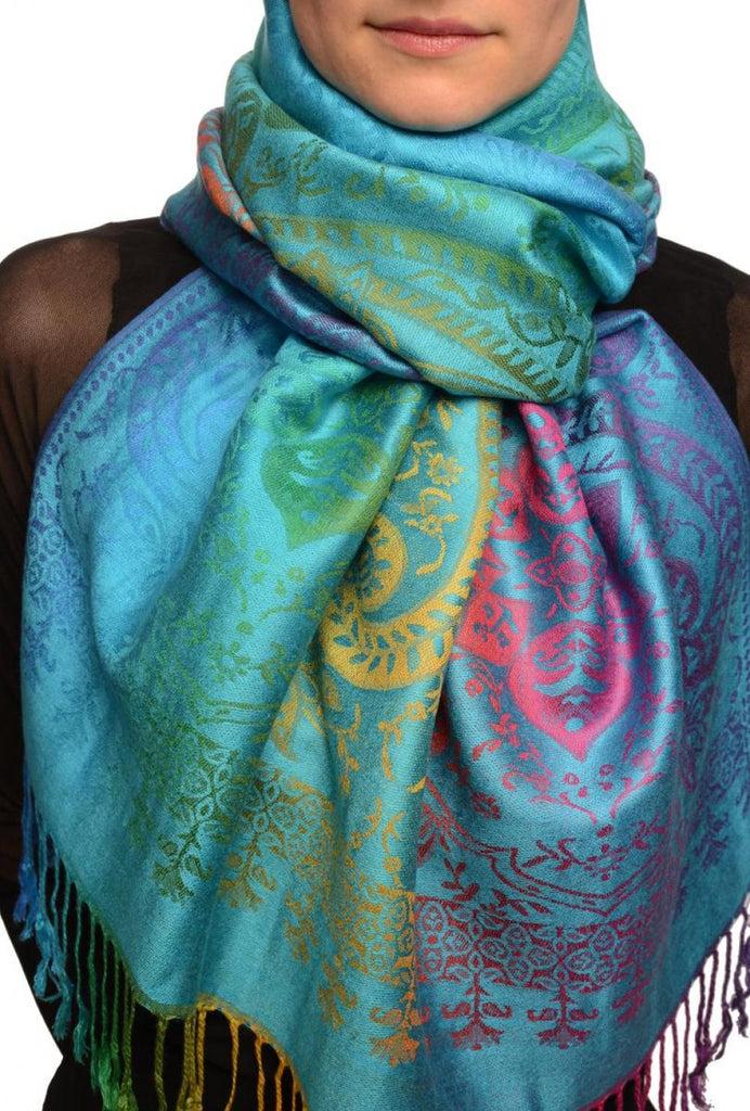 liss kiss Mirrored Ombre Paisleys On Dodger Blue Pashmina With Tassels - Scarf