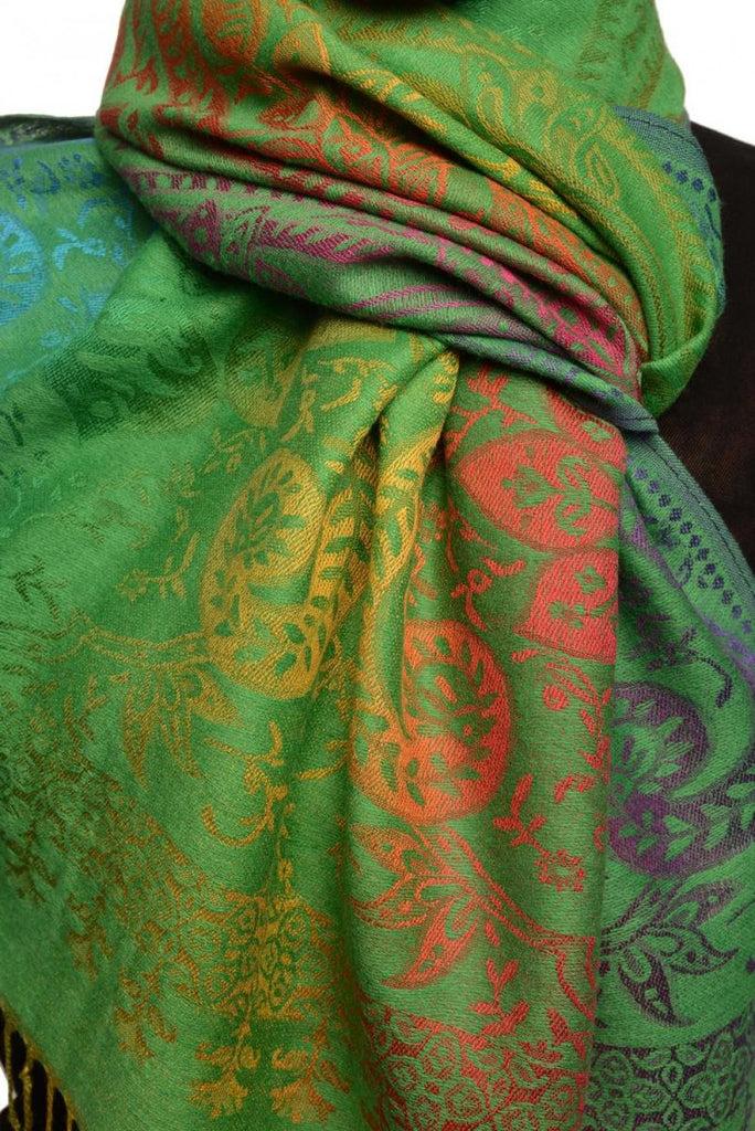 Liss Kiss Mirrored Ombre Paisleys On Grass Green Pashmina With Tassels - Scarf