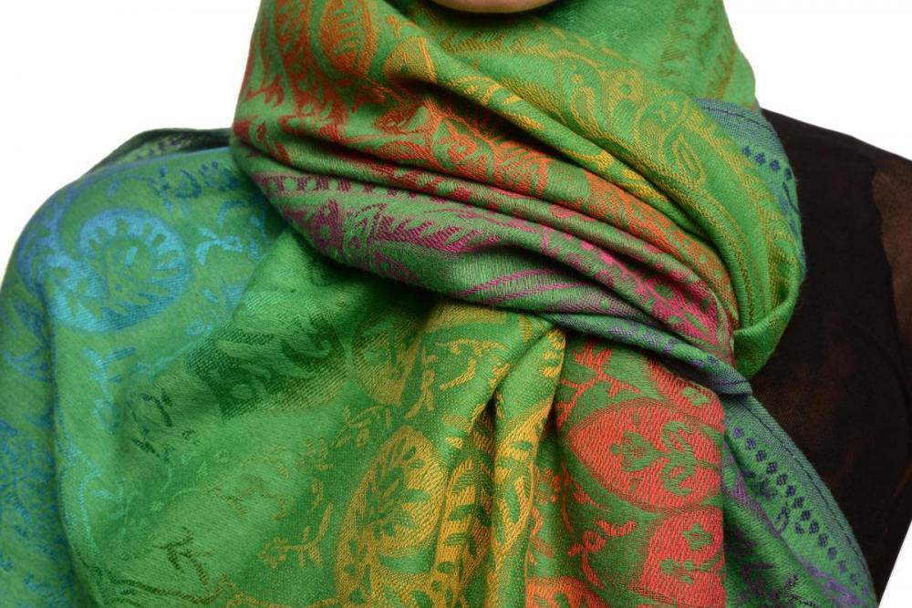 Liss Kiss Mirrored Ombre Paisleys On Grass Green Pashmina With Tassels - Scarf
