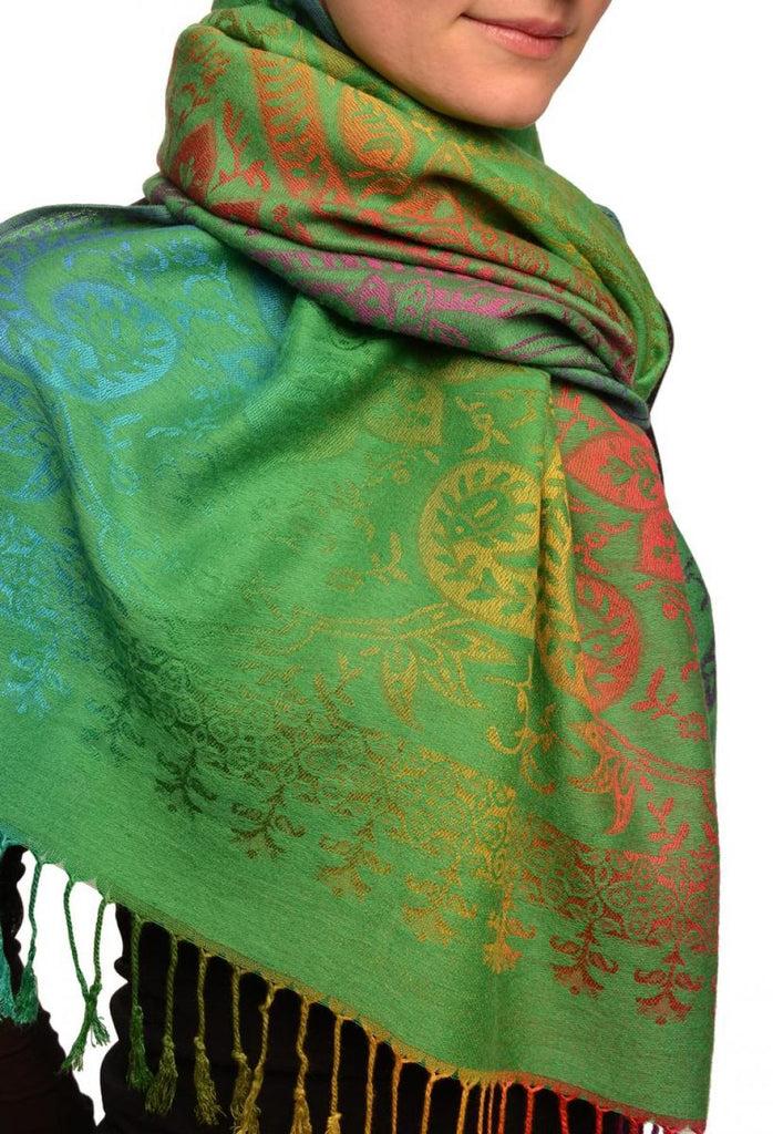 Liss Kiss Mirrored Ombre Paisleys On Grass Green Pashmina With Tassels - Scarf
